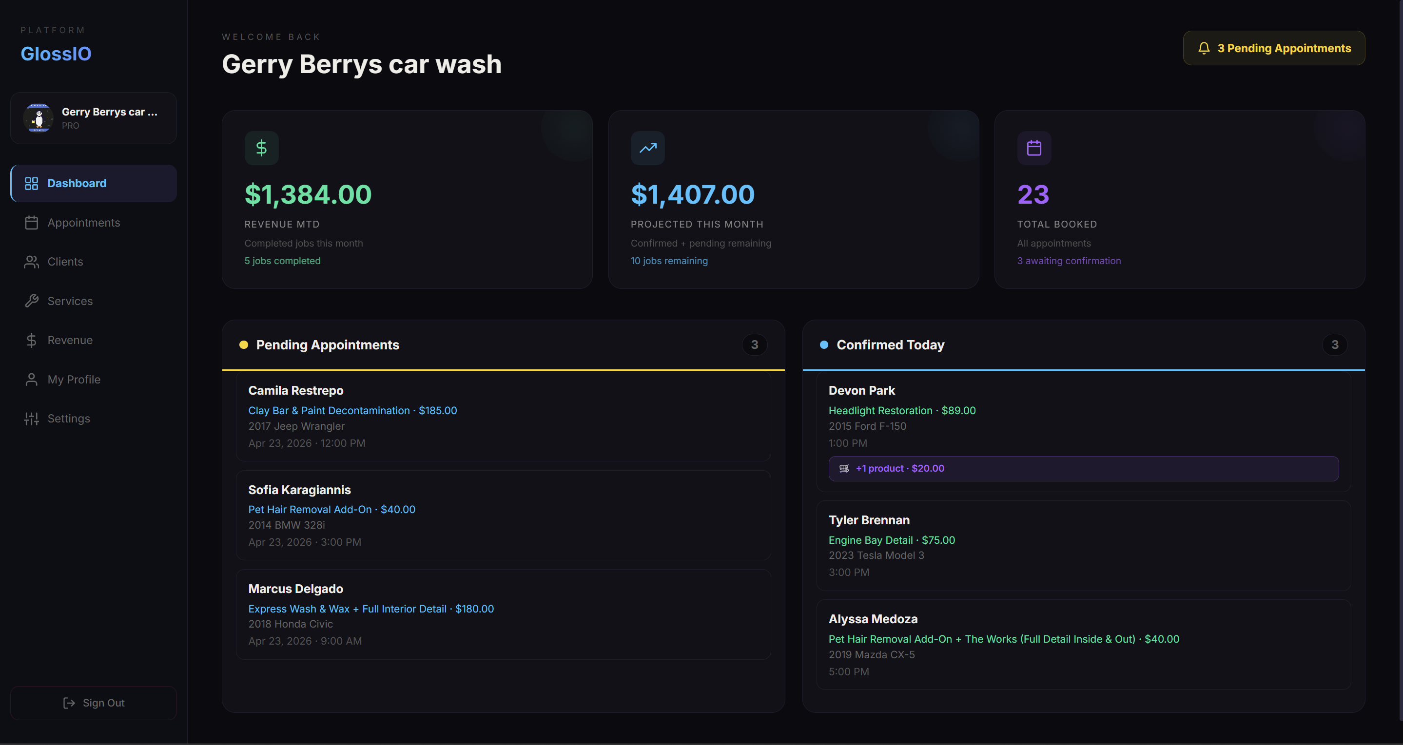 GlossIO dashboard — today's schedule, revenue, and pending requests
