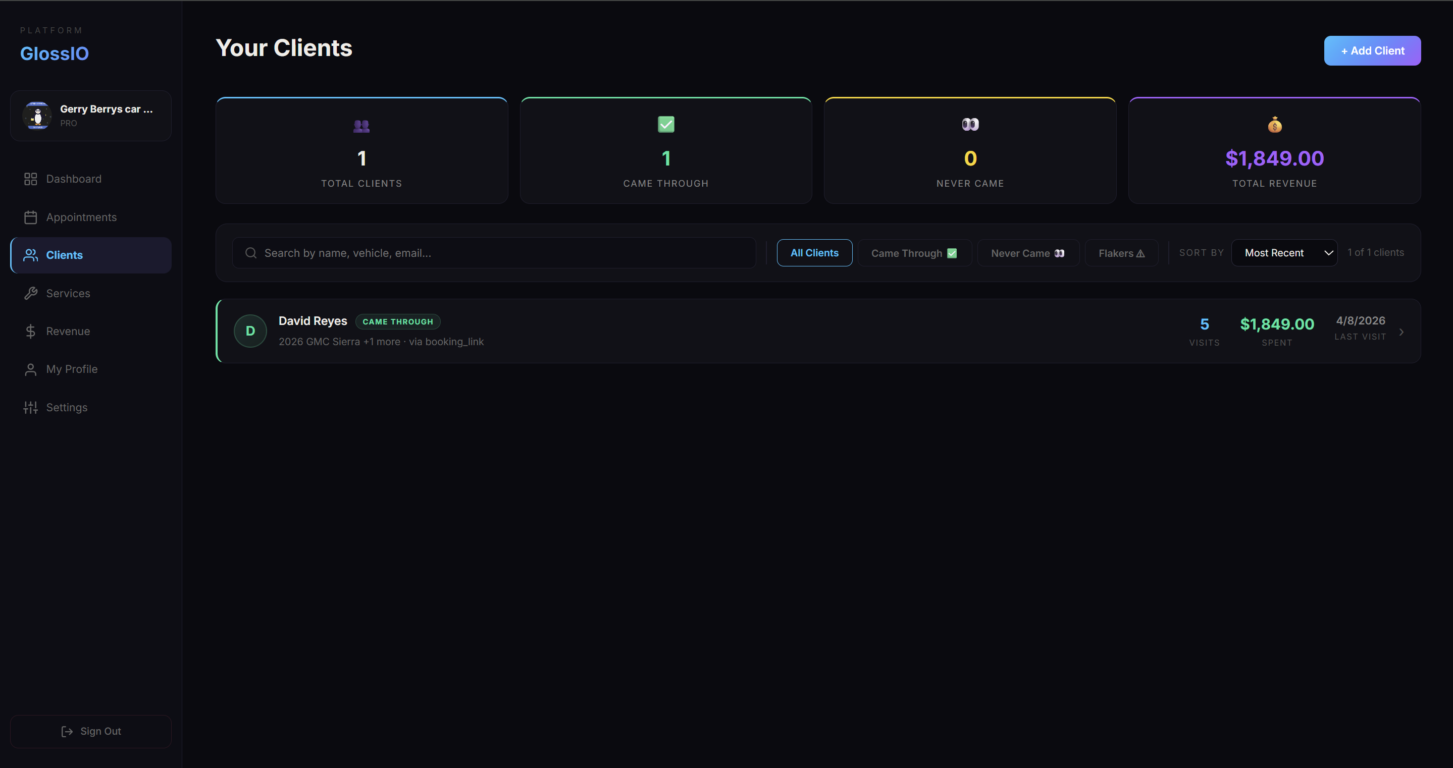 GlossIO client list with vehicle history and spend totals