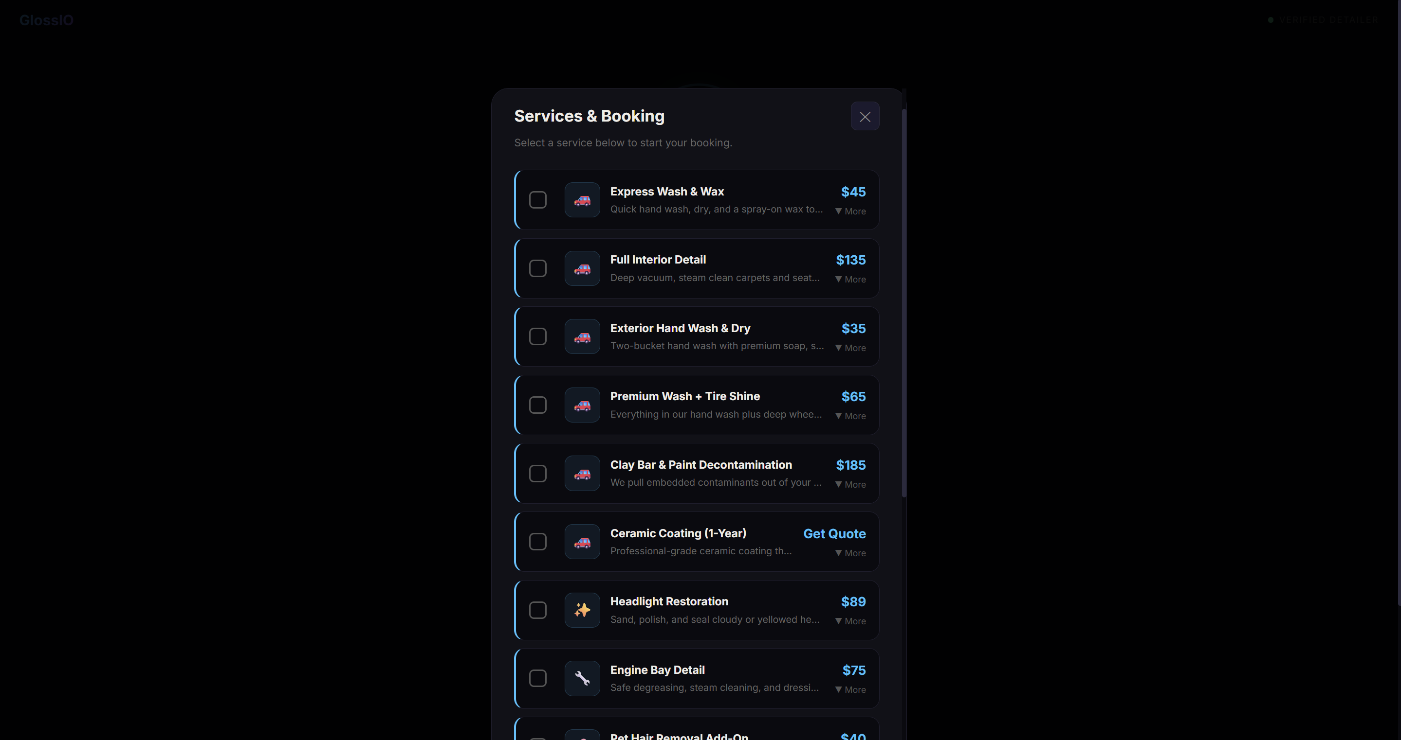 GlossIO public booking page where clients pick a service and time